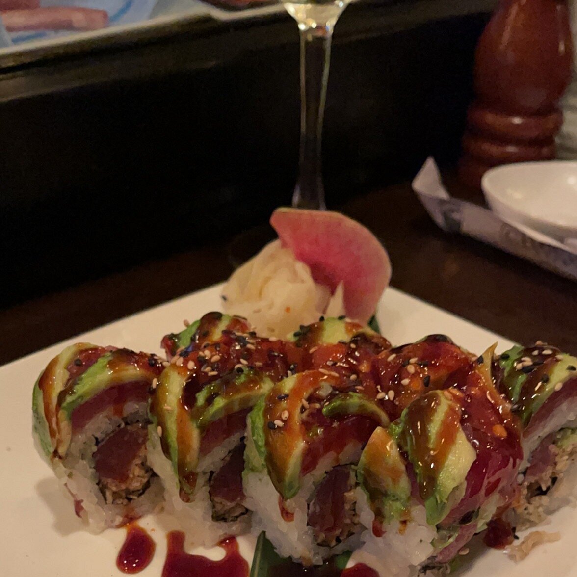Chuck’s Fish signature dishes Uptown Shrimp, Gulf Fish of the Day, Sushi Rolls, Stuffed Flounder